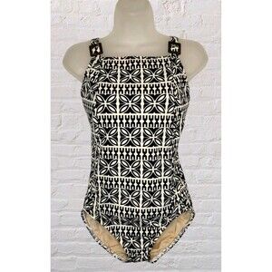 Lands End Oriental Print One Piece Swimsuit Womens 8 Blue Tummy Slimming Panels.